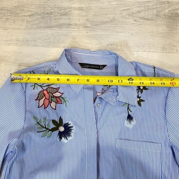 Zara Embroidered Floral Striped Blue and White Women's Button Dress Shirt Size M - Picture 9 of 16